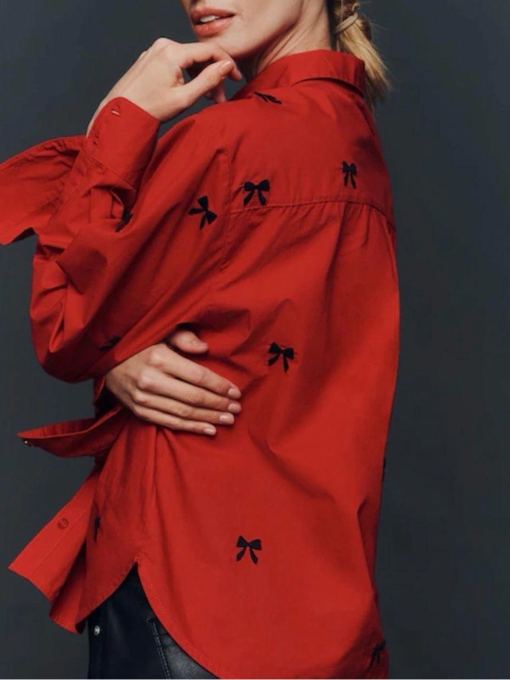 Anthropologie Maeve Red Button-Down Shirt with Black Bow Accents Small NWT - Picture 8 of 9